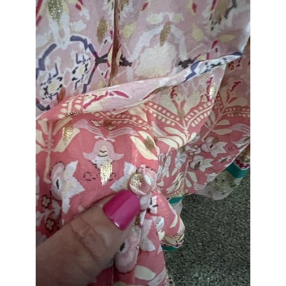 HOUSE OF HARLOW 1960 FLORAL PEACH MAXI DRESS RUFFLED TIERED METALLIC SIZ… - Picture 3 of 11